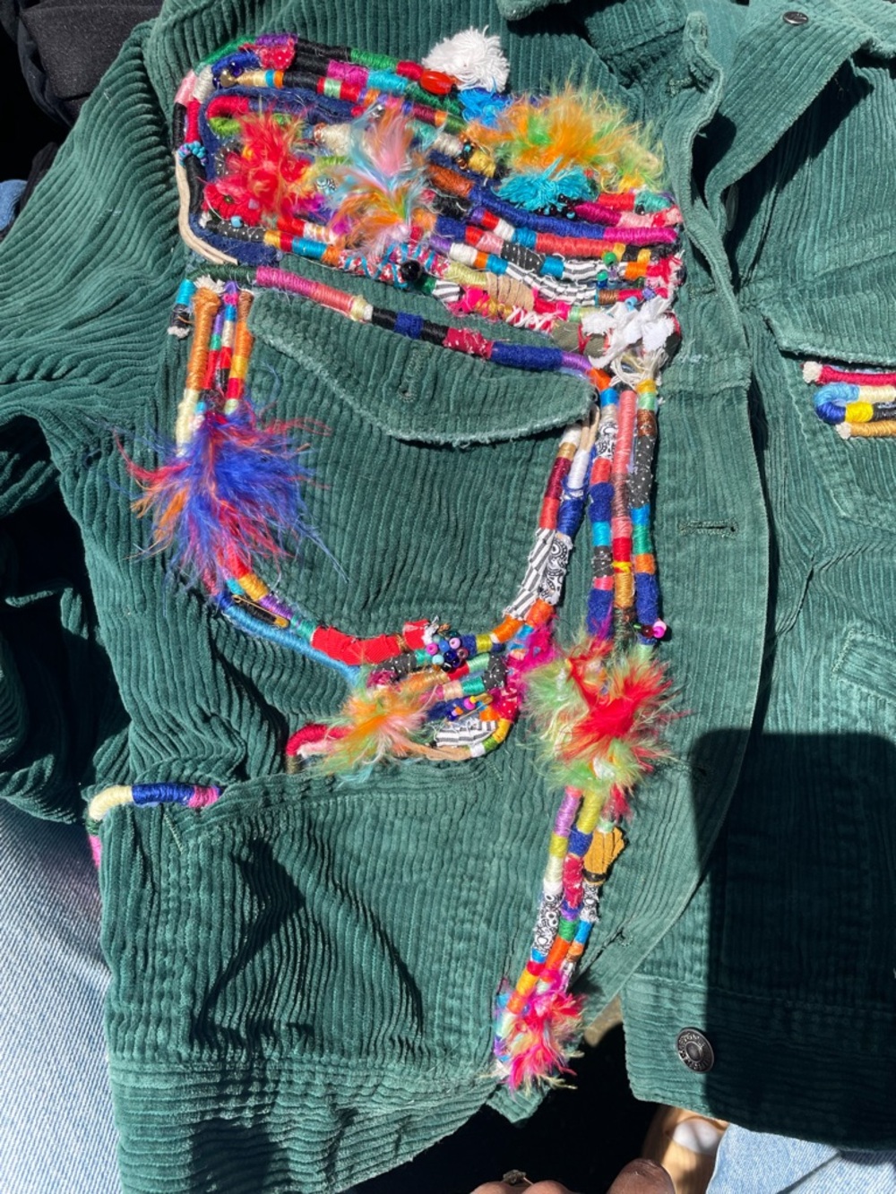 Green Corduroy Jacket with Multicolor Beaded Fringe
